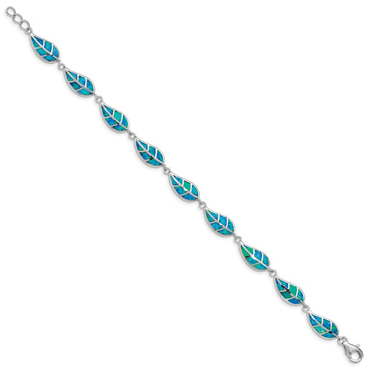 Sterling Silver Rhodium-plated Lab Created Opal Inlay Leaf Bracelet QG4823-7.5