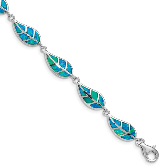Sterling Silver Rhodium-plated Lab Created Opal Inlay Leaf Bracelet QG4823-7.5