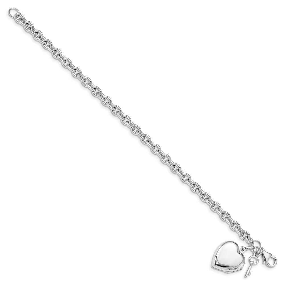Sterling Silver Rhodium-plated Puffed Heart Locket & Key Bracelet QG4855-7.25