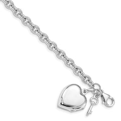 Sterling Silver Rhodium-plated Puffed Heart Locket & Key Bracelet QG4855-7.25