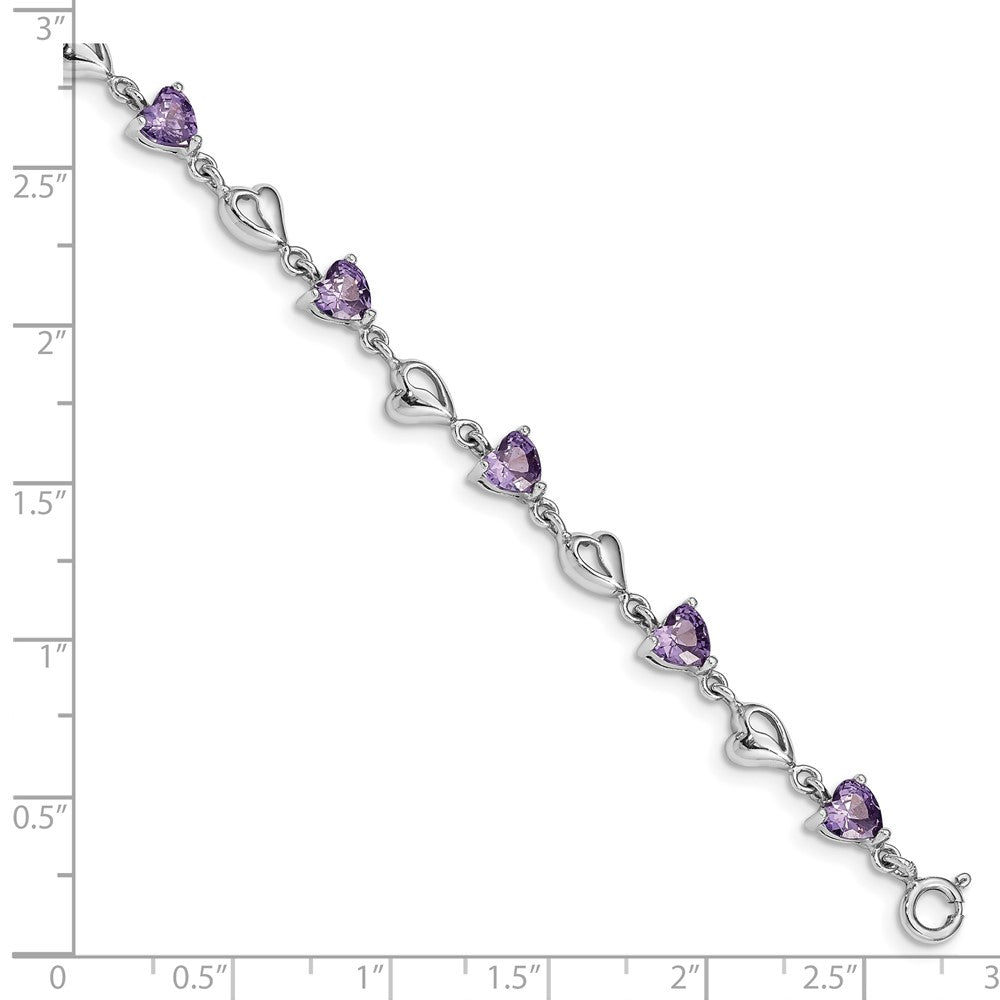 Sterling Silver Rhodium-plated w/1in ext Purple Crystal Hearts Bracelet QG4919-6.5