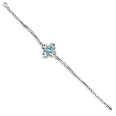Sterling Silver RH-plated Clear/Blue Crystal Flower w/1in ext Bracelet QG4954-7