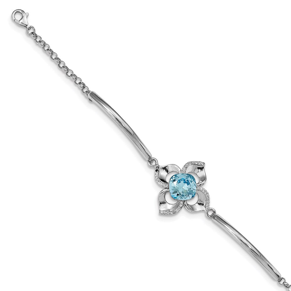 Sterling Silver RH-plated Clear/Blue Crystal Flower w/1in ext Bracelet QG4954-7