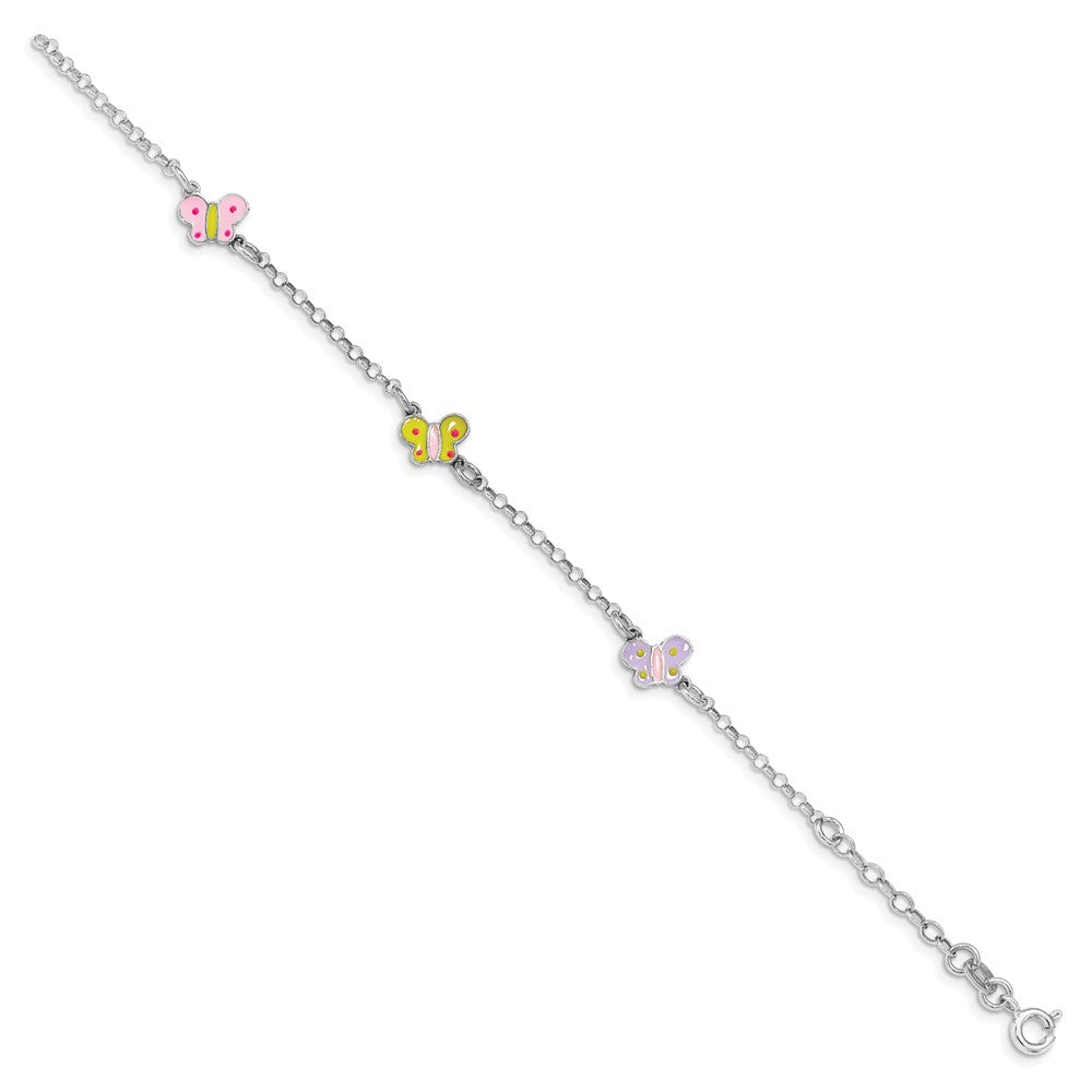Sterling Silver Rhodium-plated Polished Multi-color Enameled Butterflies Children's Bracelet QG4961-7