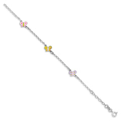 Sterling Silver Rhodium-plated Polished Multi-color Enameled Butterflies Children's Bracelet QG4961-7