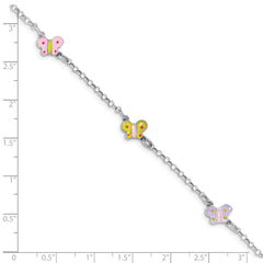 Sterling Silver Rhodium-plated Polished Multi-color Enameled Butterflies Children's Bracelet QG4961-7