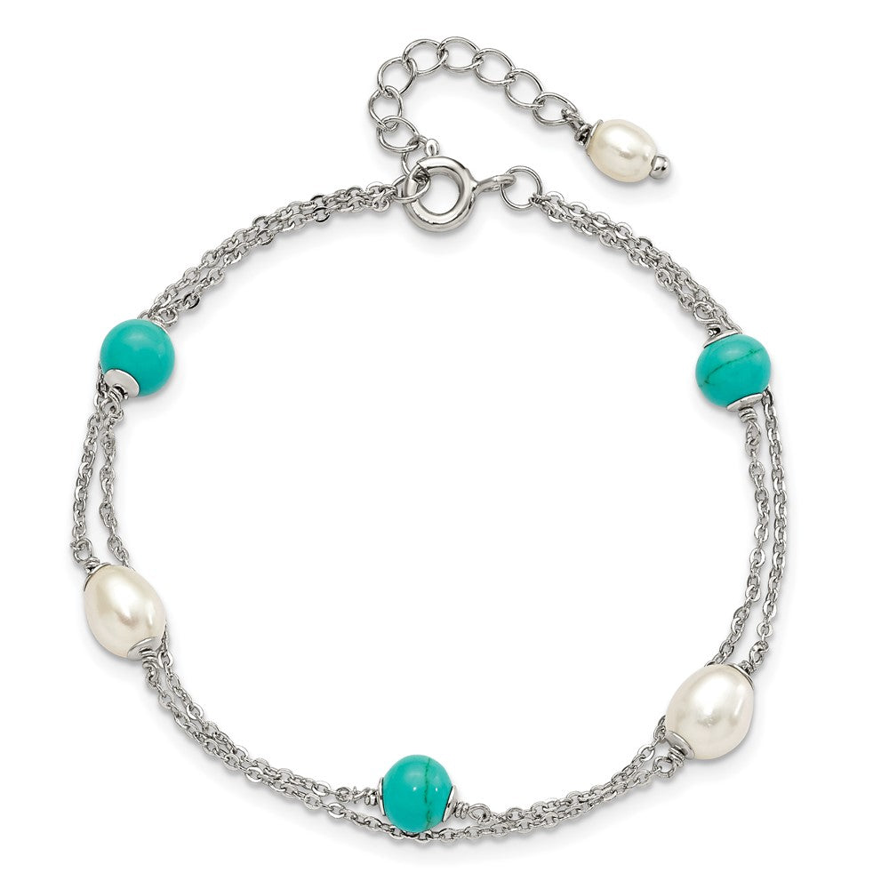 Sterling Silver Rhodium-plated Turquoise/FWC Pearl w/1in Ext Bracelet QG5017-7