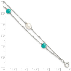 Sterling Silver Rhodium-plated Turquoise/FWC Pearl w/1in Ext Bracelet QG5017-7
