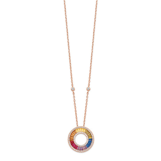 Prizma Sterling Silver Rose-tone 14K Flash Rose Gold-plated 16 inch Colorful Baguettes CZ Circle Necklace with 2 inch Extender QG5045RP-16