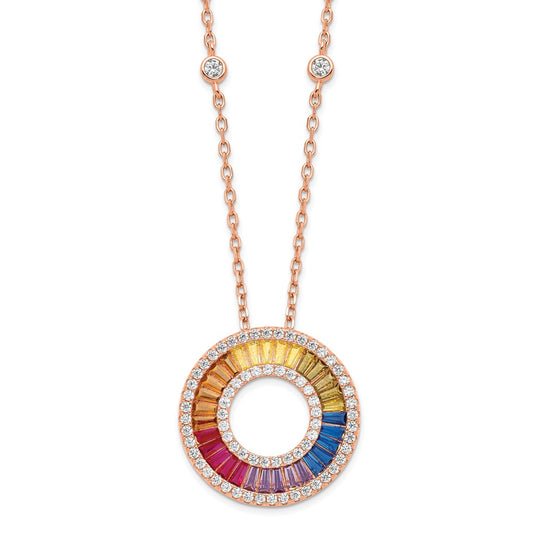 Prizma Sterling Silver Rose-tone 14K Flash Rose Gold-plated 16 inch Colorful Baguettes CZ Circle Necklace with 2 inch Extender QG5045RP-16