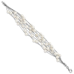 Sterling Silver Rhodium-plated 5-6mm White Semi-Round Freshwater Cultured Pearl Multi Strand 7.25 inch Bracelet QG5083-7.25