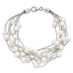 Sterling Silver Rhodium-plated 5-6mm White Semi-Round Freshwater Cultured Pearl Multi Strand 7.25 inch Bracelet QG5083-7.25