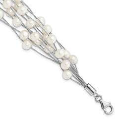 Sterling Silver Rhodium-plated 5-6mm White Semi-Round Freshwater Cultured Pearl Multi Strand 7.25 inch Bracelet QG5083-7.25