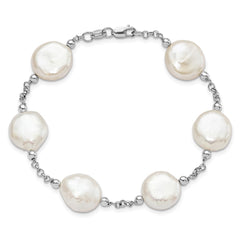 Sterling Silver Rhodium-plated 12-13mm White Coin Freshwater Cultured Pearl 6-Station 7.5 inch Bracelet QG5084-7.5