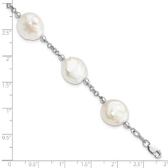 Sterling Silver Rhodium-plated 12-13mm White Coin Freshwater Cultured Pearl 6-Station 7.5 inch Bracelet QG5084-7.5