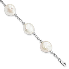 Sterling Silver Rhodium-plated 12-13mm White Coin Freshwater Cultured Pearl 6-Station 7.5 inch Bracelet QG5084-7.5