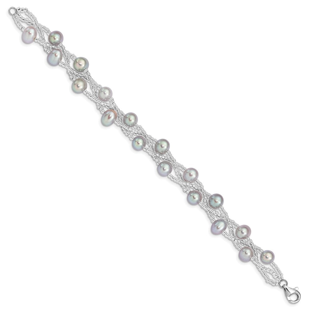 Sterling Silver Rhodium-plated 7-9mm Grey Semi-Round Freshwater Cultured Pearl and Glass Beaded 7.5 inch Bracelet QG5085-7.5