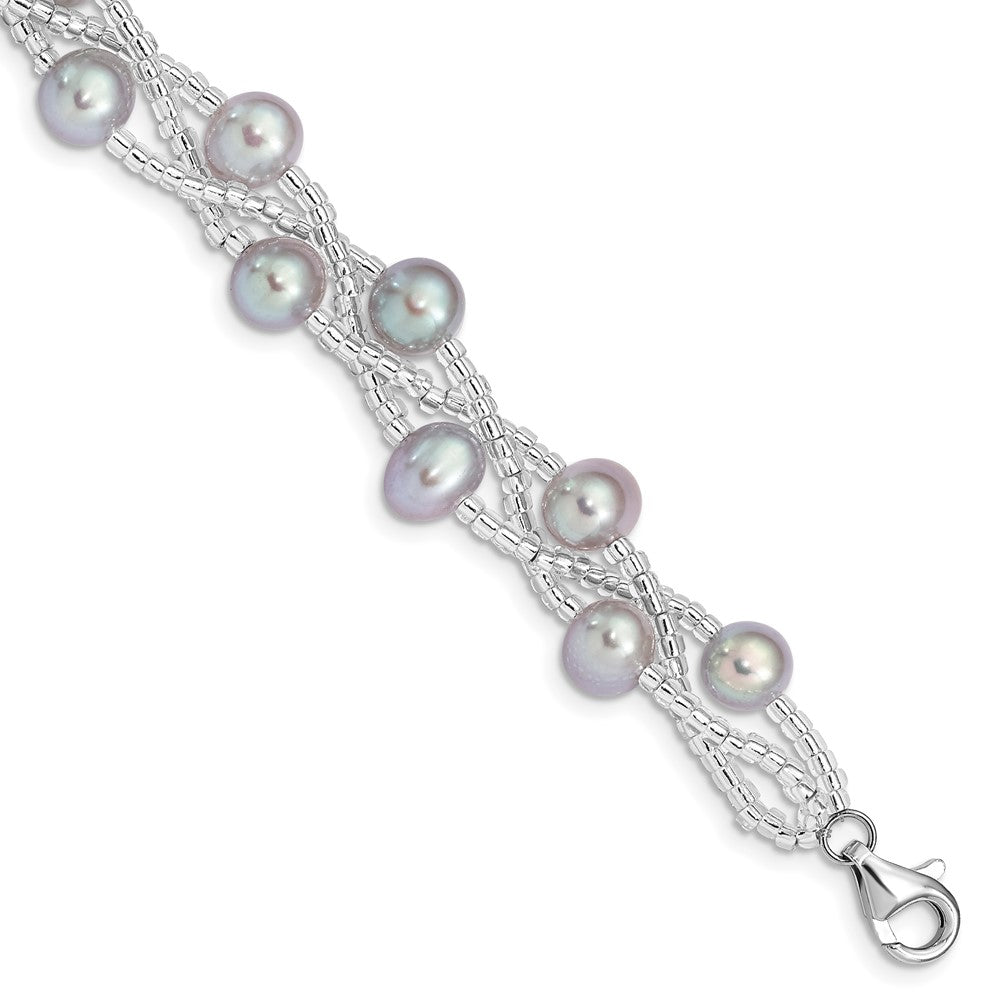 Sterling Silver Rhodium-plated 7-9mm Grey Semi-Round Freshwater Cultured Pearl and Glass Beaded 7.5 inch Bracelet QG5085-7.5