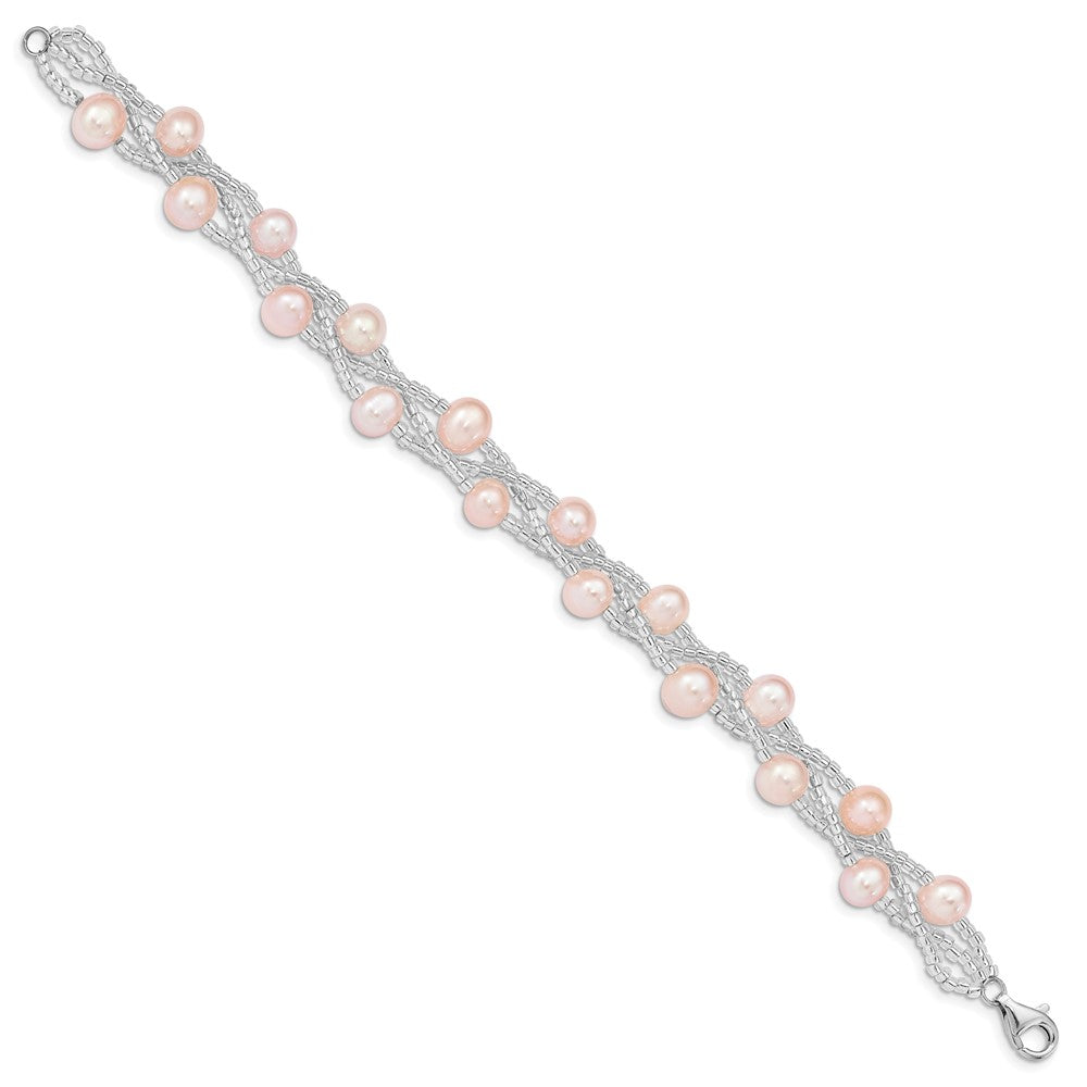 Sterling Silver Rhodium-plated 7-9mm Pink Semi-Round Freshwater Cultured Pearl and Glass Beaded 7.5 inch Bracelet QG5086-7.5