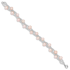 Sterling Silver Rhodium-plated 7-9mm Pink Semi-Round Freshwater Cultured Pearl and Glass Beaded 7.5 inch Bracelet QG5086-7.5