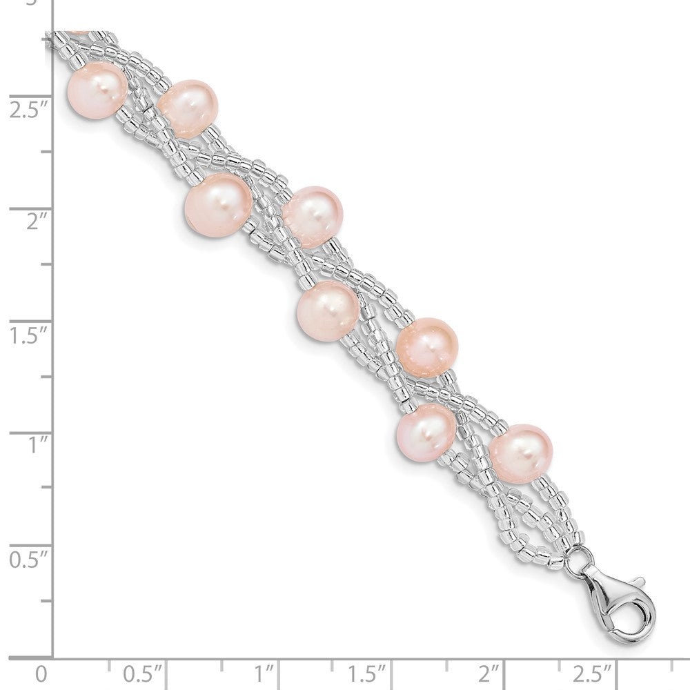Sterling Silver Rhodium-plated 7-9mm Pink Semi-Round Freshwater Cultured Pearl and Glass Beaded 7.5 inch Bracelet QG5086-7.5