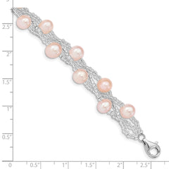 Sterling Silver Rhodium-plated 7-9mm Pink Semi-Round Freshwater Cultured Pearl and Glass Beaded 7.5 inch Bracelet QG5086-7.5