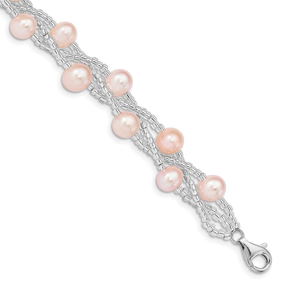 Sterling Silver Rhodium-plated 7-9mm Pink Semi-Round Freshwater Cultured Pearl and Glass Beaded 7.5 inch Bracelet QG5086-7.5