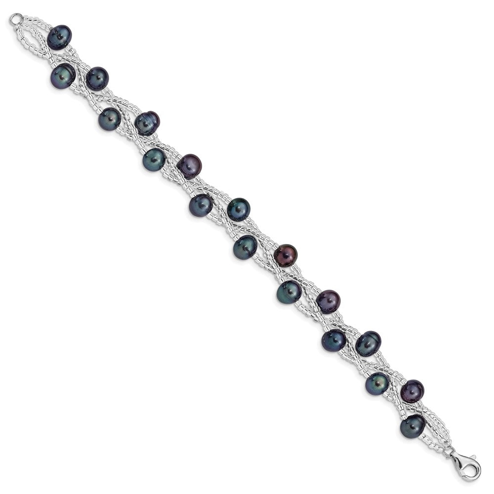 Sterling Silver Rhodium-plated 7-9mm Black Semi-Round Freshwater Cultured Pearl and Glass Beaded 7.5 inch Bracelet QG5087-7.5