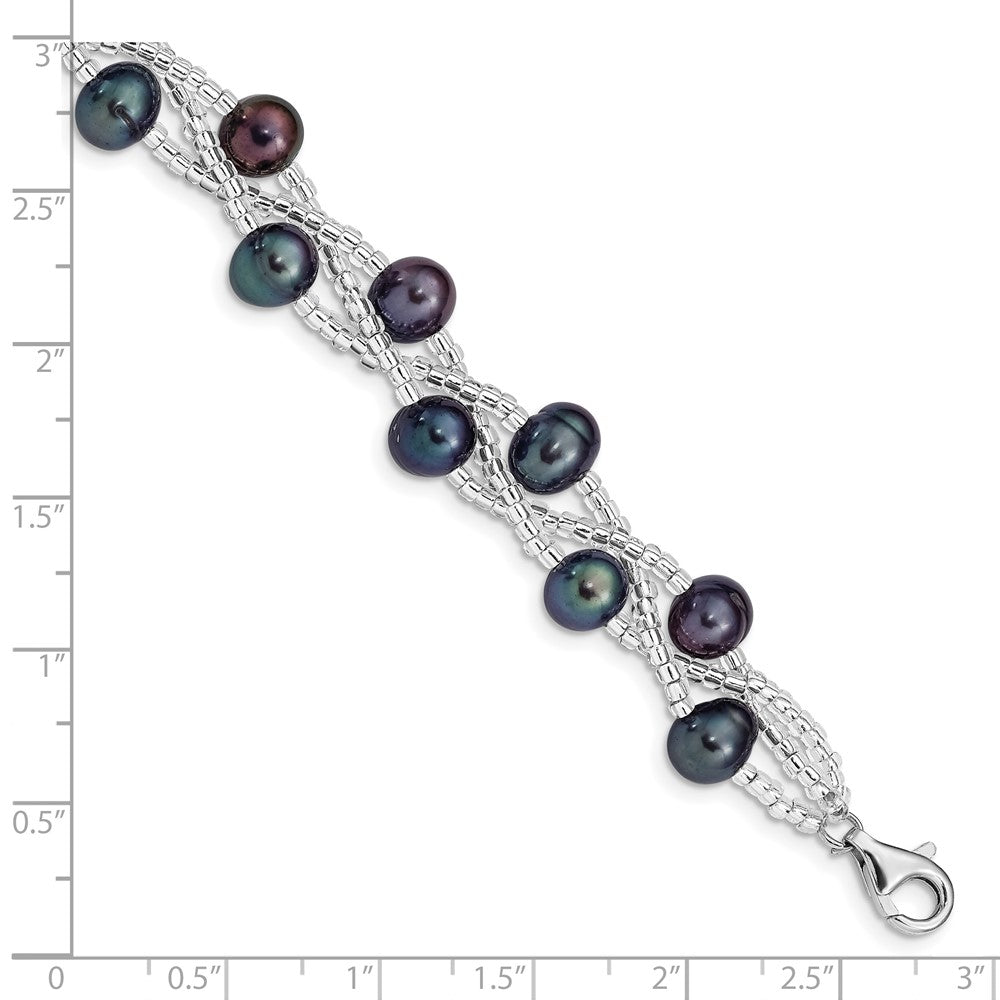 Sterling Silver Rhodium-plated 7-9mm Black Semi-Round Freshwater Cultured Pearl and Glass Beaded 7.5 inch Bracelet QG5087-7.5