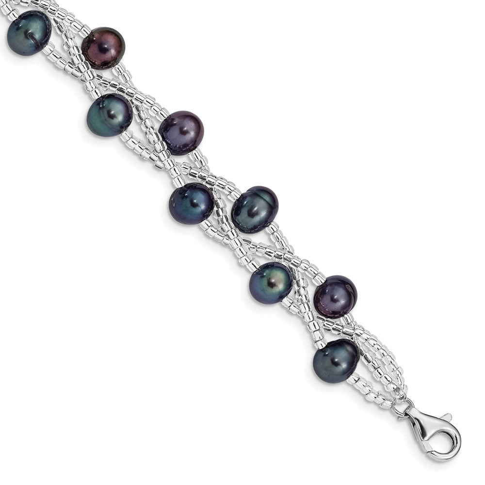 Sterling Silver Rhodium-plated 7-9mm Black Semi-Round Freshwater Cultured Pearl and Glass Beaded 7.5 inch Bracelet QG5087-7.5