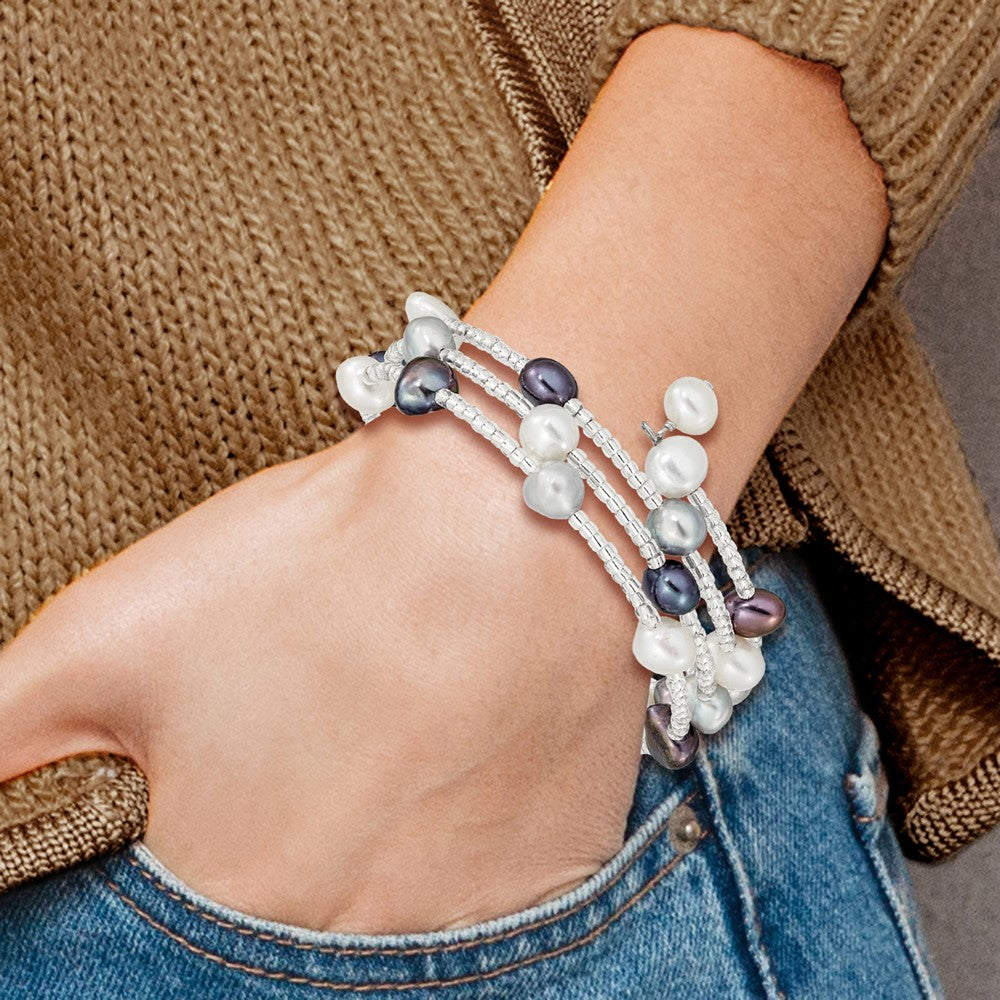 7-8mm Black, Grey and White Baroque Freshwater Cultured Pearl and Glass Beaded 3-row Warp Bracelet QG5106