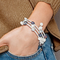 7-8mm Black, Grey and White Baroque Freshwater Cultured Pearl and Glass Beaded 3-row Warp Bracelet QG5106