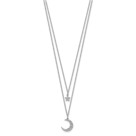 Sterling Silver Rhod-pltd CZ Star and Moon 2in ext 2-strand Necklace QG5136-16