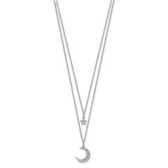 Sterling Silver Rhod-pltd CZ Star and Moon 2in ext 2-strand Necklace QG5136-16