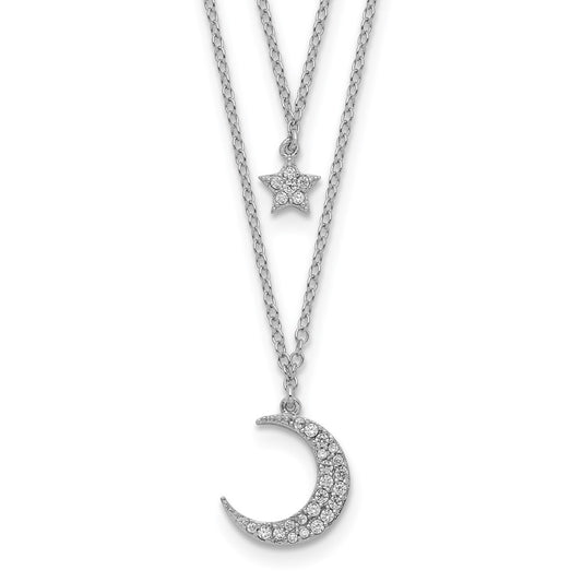 Sterling Silver Rhod-pltd CZ Star and Moon 2in ext 2-strand Necklace QG5136-16