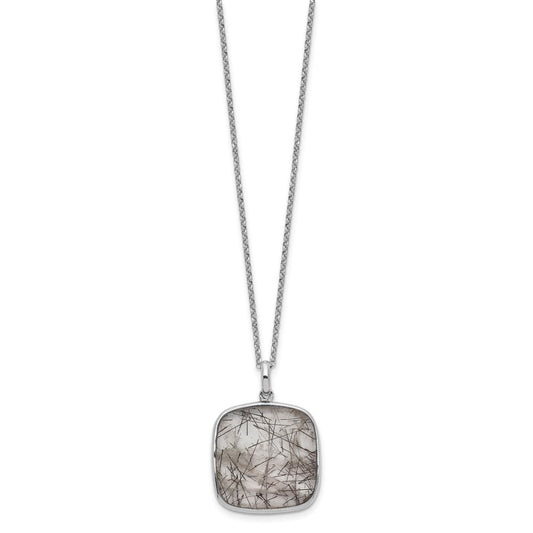 Sterling Silver Rhodium-plated Square Black Rutilated Quartz Necklace QG5141-18