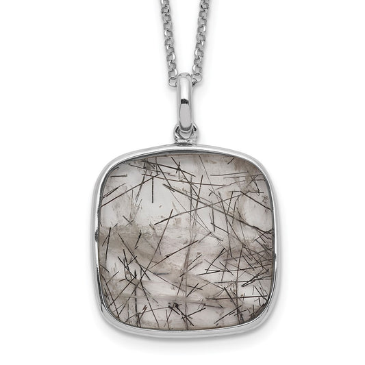 Sterling Silver Rhodium-plated Square Black Rutilated Quartz Necklace QG5141-18