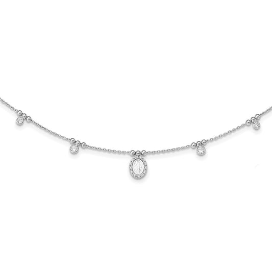Sterling Silver RH-plated CZ Miraculous Medal w/1.5in ext. Necklace QG5244-16
