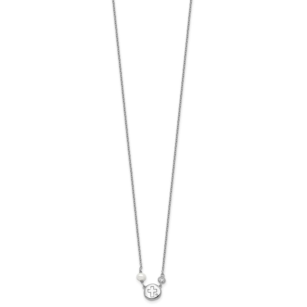 Sterling Silver RH-plated CZ/Cross/FWC Pearl w/2in ext Necklace QG5585-16
