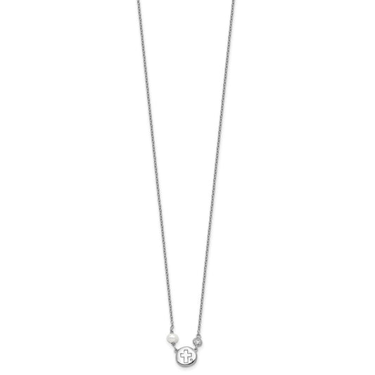 Sterling Silver RH-plated CZ/Cross/FWC Pearl w/2in ext Necklace QG5585-16