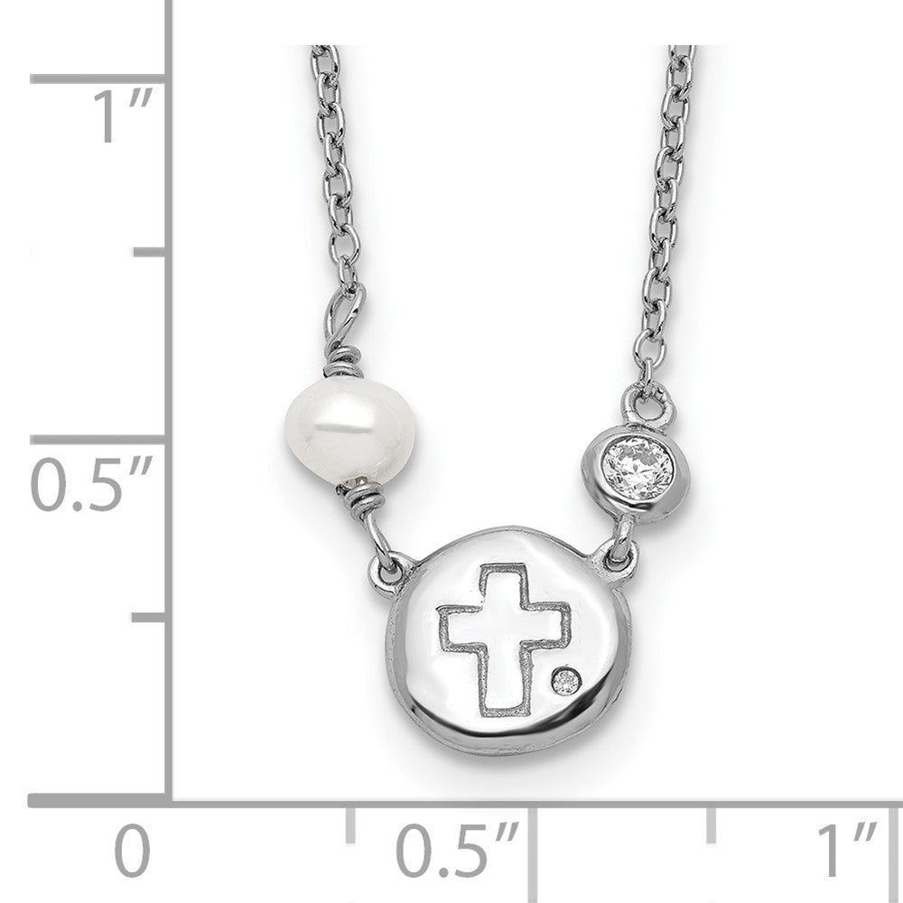 Sterling Silver RH-plated CZ/Cross/FWC Pearl w/2in ext Necklace QG5585-16