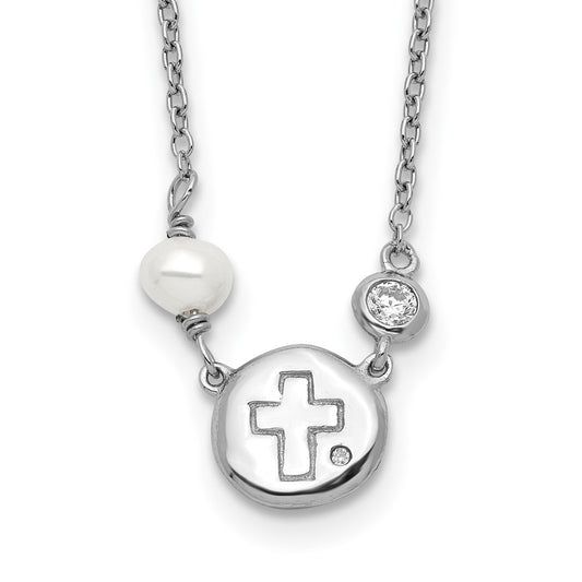 Sterling Silver RH-plated CZ/Cross/FWC Pearl w/2in ext Necklace QG5585-16
