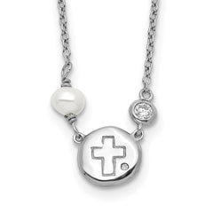 Sterling Silver RH-plated CZ/Cross/FWC Pearl w/2in ext Necklace QG5585-16