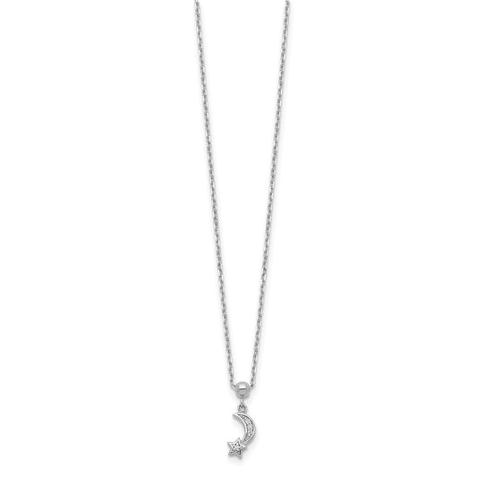 Sterling Shimmer Sterling Silver Rhodium-plated 4 Stone 16 inch Moon and Star CZ Necklace with 2 inch extender QG5644-16