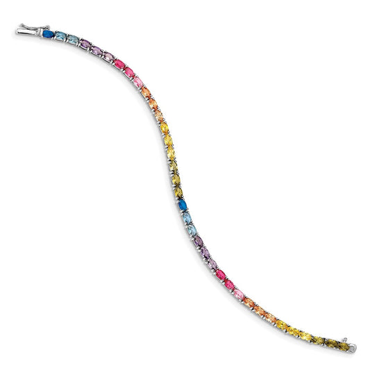 Prizma Sterling Silver Rhodium-plated 7.5 inch Oval Colorful CZ Tennis Bracelet QG5660-7.5