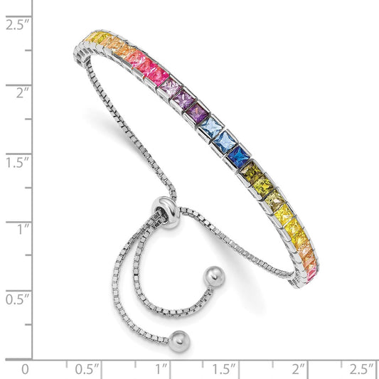 Prizma Sterling Silver Rhodium-plated 4mm Channel-Set Colorful CZ Adjustable Bolo Bracelet QG5661