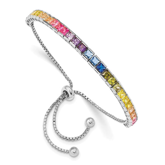 Prizma Sterling Silver Rhodium-plated 4mm Channel-Set Colorful CZ Adjustable Bolo Bracelet QG5661