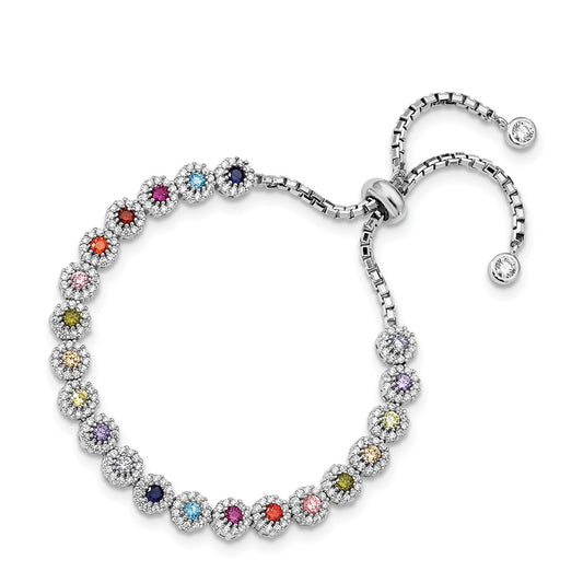 Prizma Sterling Silver Rhodium-plated White and Colorful CZ Adjustable Bolo Bracelet QG5666
