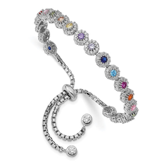 Prizma Sterling Silver Rhodium-plated White and Colorful CZ Adjustable Bolo Bracelet QG5666