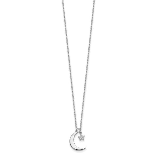Sterling Silver Rhodium-Plated CZ Star and Moon w/ 2in Ext. Necklace QG5683-16